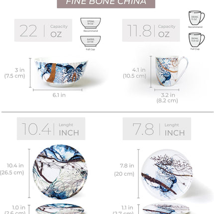 KOKEN - 16 Piece Ocean Blue Dinnerware Set (Service for 4) Fine Porcelain - Plates and Bowls Set, Service for 4, Salad Dessert Plates and Cereal Bowls, Blue - Suitable for