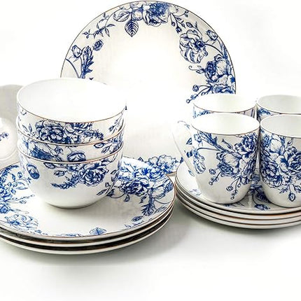 KOKEN - 16 Piece Ocean Blue Dinnerware Set (Service for 4) Fine Porcelain - Plates and Bowls Set, Service for 4, Salad Dessert Plates and Cereal Bowls, Blue - Suitable for