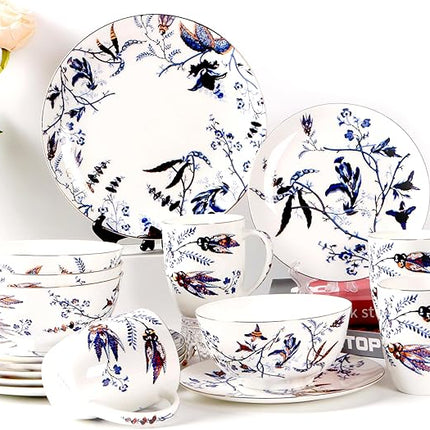 KOKEN - 16 Piece Ocean Blue Dinnerware Set (Service for 4) Fine Porcelain - Plates and Bowls Set, Service for 4, Salad Dessert Plates and Cereal Bowls, Blue - Suitable for