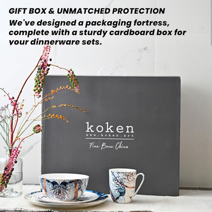 KOKEN - 16 Piece Ocean Blue Dinnerware Set (Service for 4) Fine Porcelain - Plates and Bowls Set, Service for 4, Salad Dessert Plates and Cereal Bowls, Blue - Suitable for