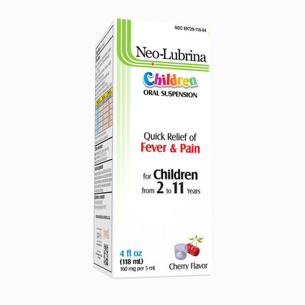 Neo-Lubrina Children Oral Suspension | Fever & Pain Relief | Cherry Flavor 4 fl oz (118 mL)