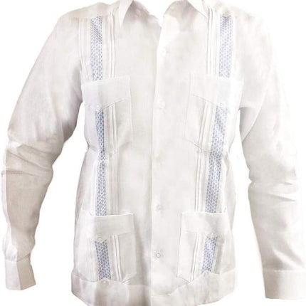 Guayabera Men's Long Sleeve 100% Linen Classic Style,White Guayabera 4 Bags and Tucks with Sky Blue fine Details. (Large)