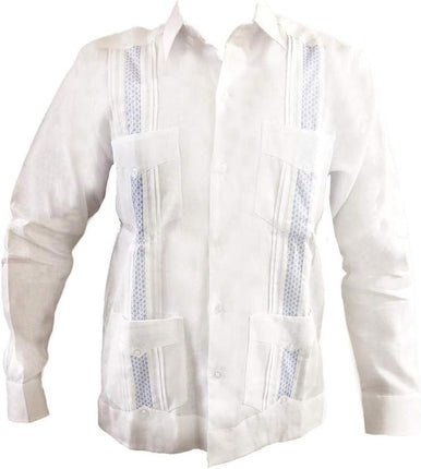 Guayabera Hombre Manga Larga 100% Lino Estilo Clásico, Guayabera Blanca 4 Bolsos y Alforzas con Finos Detalles Azul Cielo. (Grande)