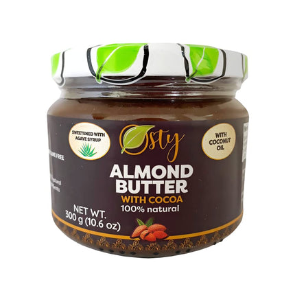 Osty Natural Almond butter, 100% Natural and Organic ingredients. Made with natural almonds and sweetened with agave syrup, 10 ounce Jar.
