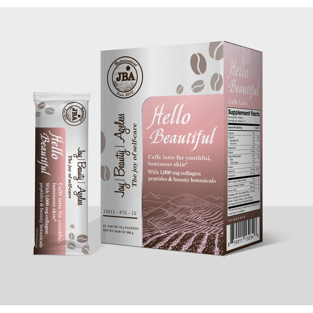 JBA Caffe Latte con colágeno, para piel luminosa con 1000 mg de péptidos de colágeno y botánicos de belleza, mejora la hidratación y elasticidad de la piel, reduce la aparición de arrugas (Hello Beautiful Caffe Latte)