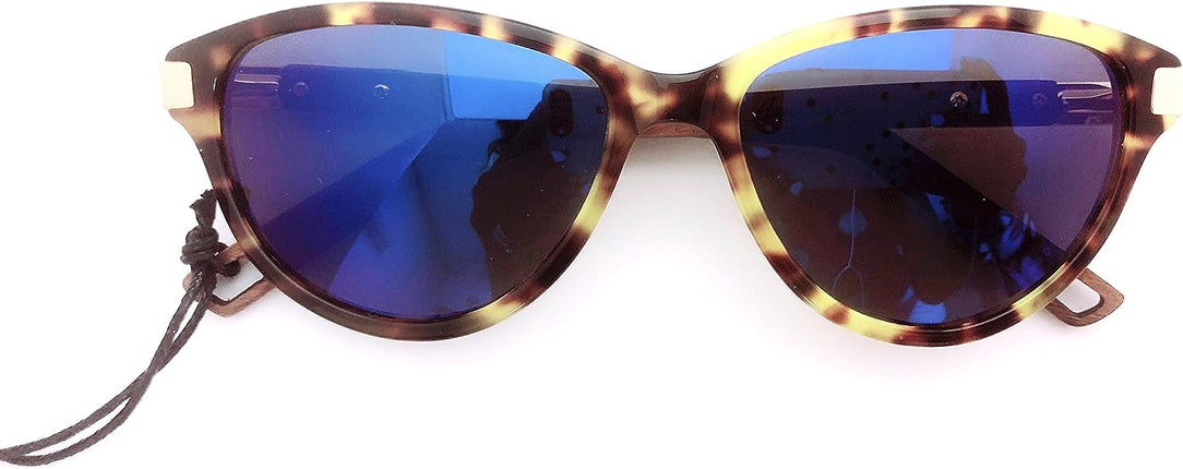 Fento Gafas de Sol Artesanales de Madera Mujer Hombre Lega Acetato Ámbar Madera Teca Lentes Azul Diseño Polarizadas