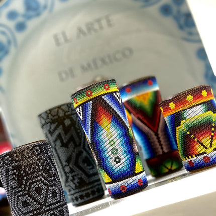 Handmade Tequila- Mezcal Shot, Huichol Art. Each Shot is Unique, colors and Design May vary from the original picture (SOLD BY PIECE) (Black Tall, 1Pack)